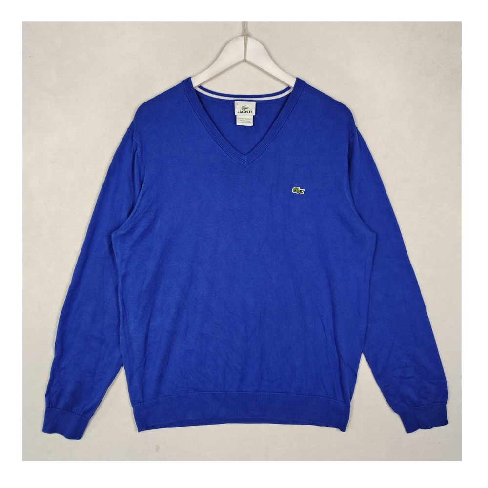Lacoste Mens Size 6 Royal Blue Cotton V-Neck Pullover Sweater Logo Classic